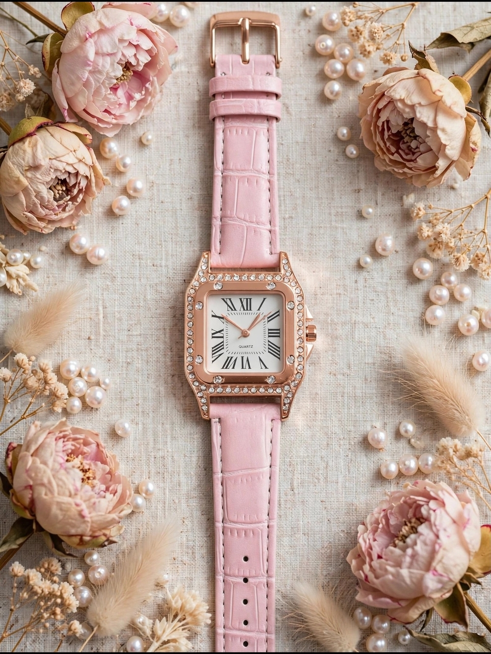 Rose Gold Crystal-Trim Pink Leather Women's Watch